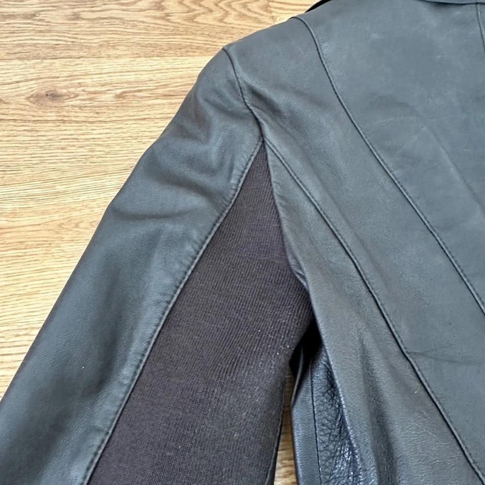 Cole Haan Brown Leather Jacket Cropped Design and Feminine Ruffle Front Detail